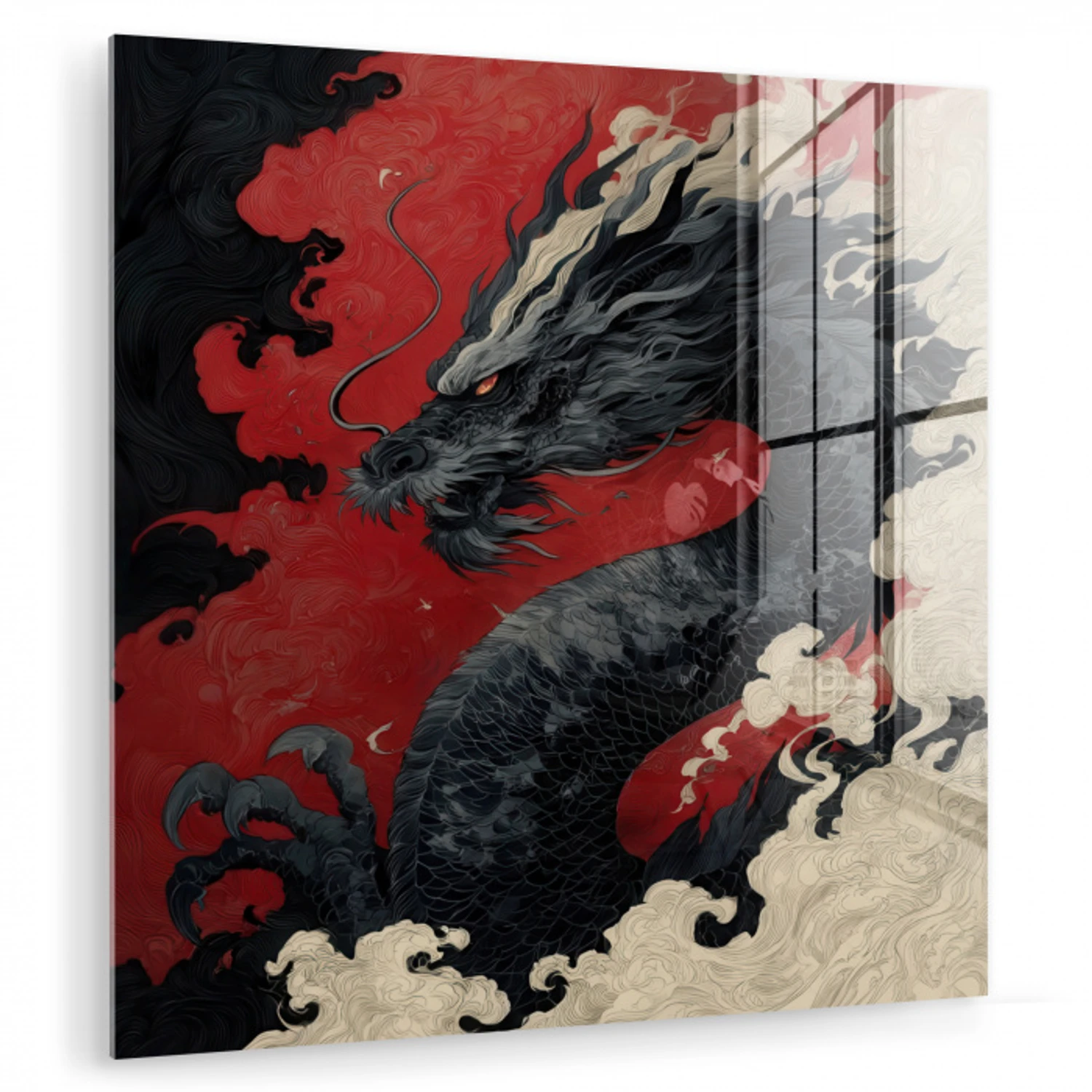 Zwarte draak - Rookwolken - Rood plexiglas 5mm klein -zzzproduct_nieuw