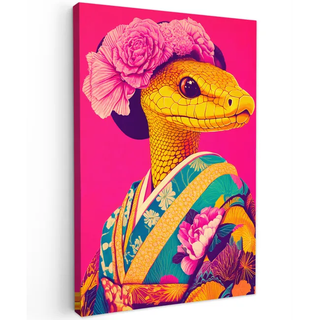 Hagedis - Bloemen - Roze - Kimono Tuinposter op houten frame 2 cm dik klein -3d