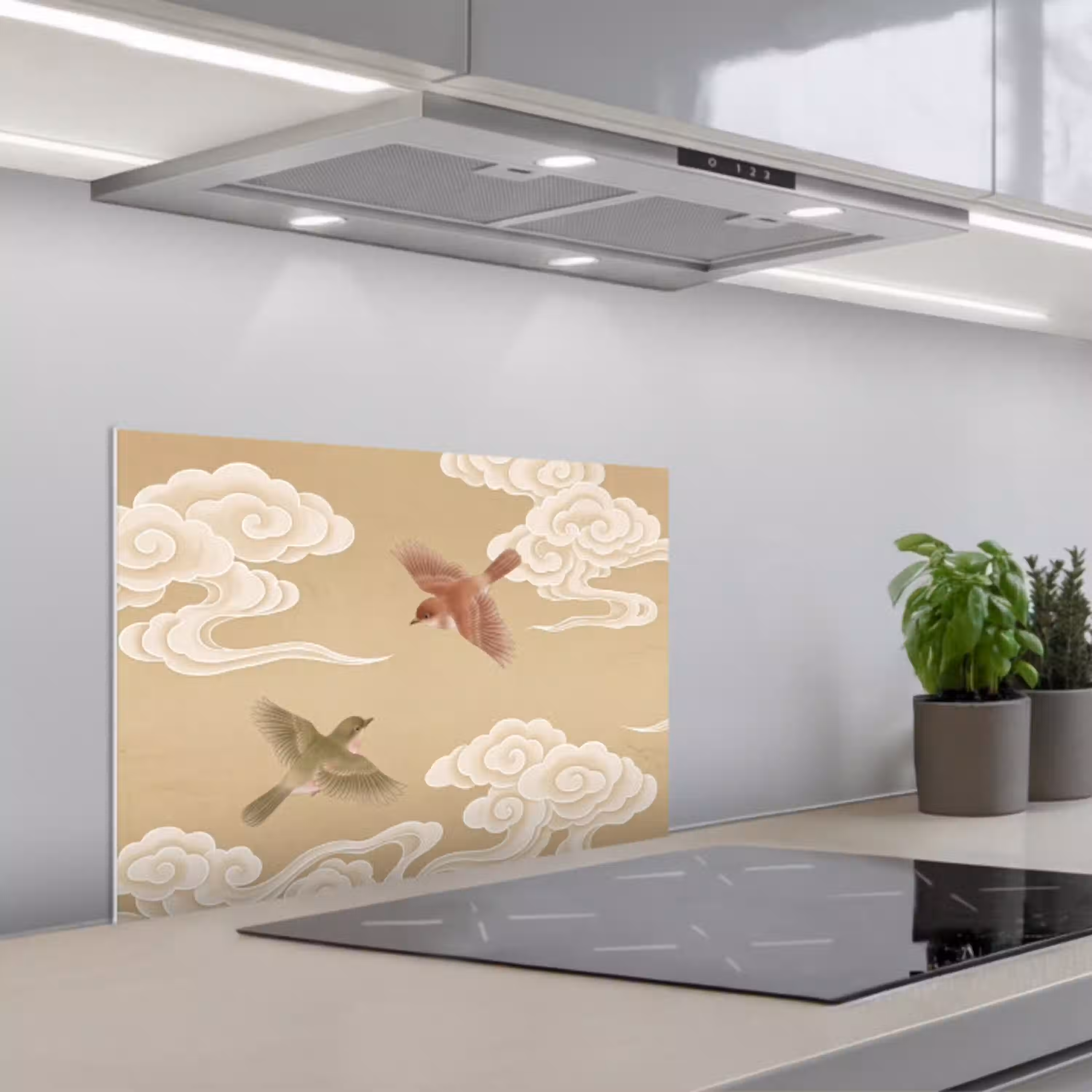 Vogels - Vliegen - Beige keuken achterwand spatscherm klein -3d_schuin