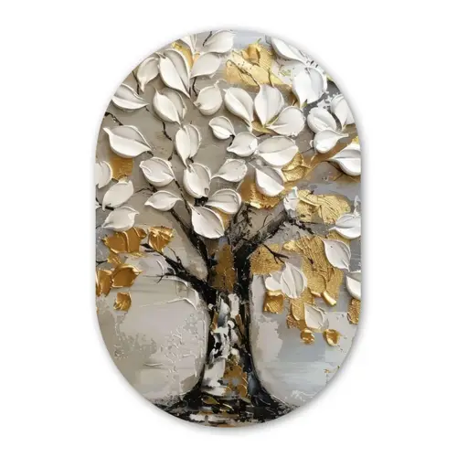 Boom - Beige - Grijs - Goud - Abstract Wandcirkel Ovaal Forex klein -3d