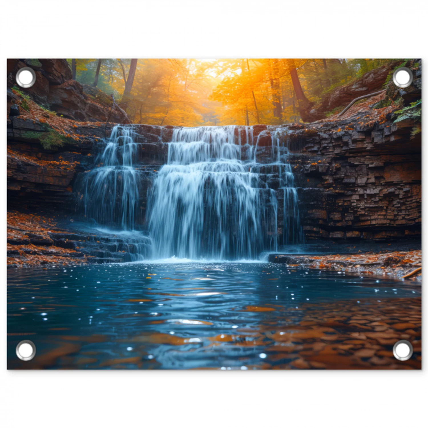Herfstwaterval in het Bos tuinposter los doek klein -3d