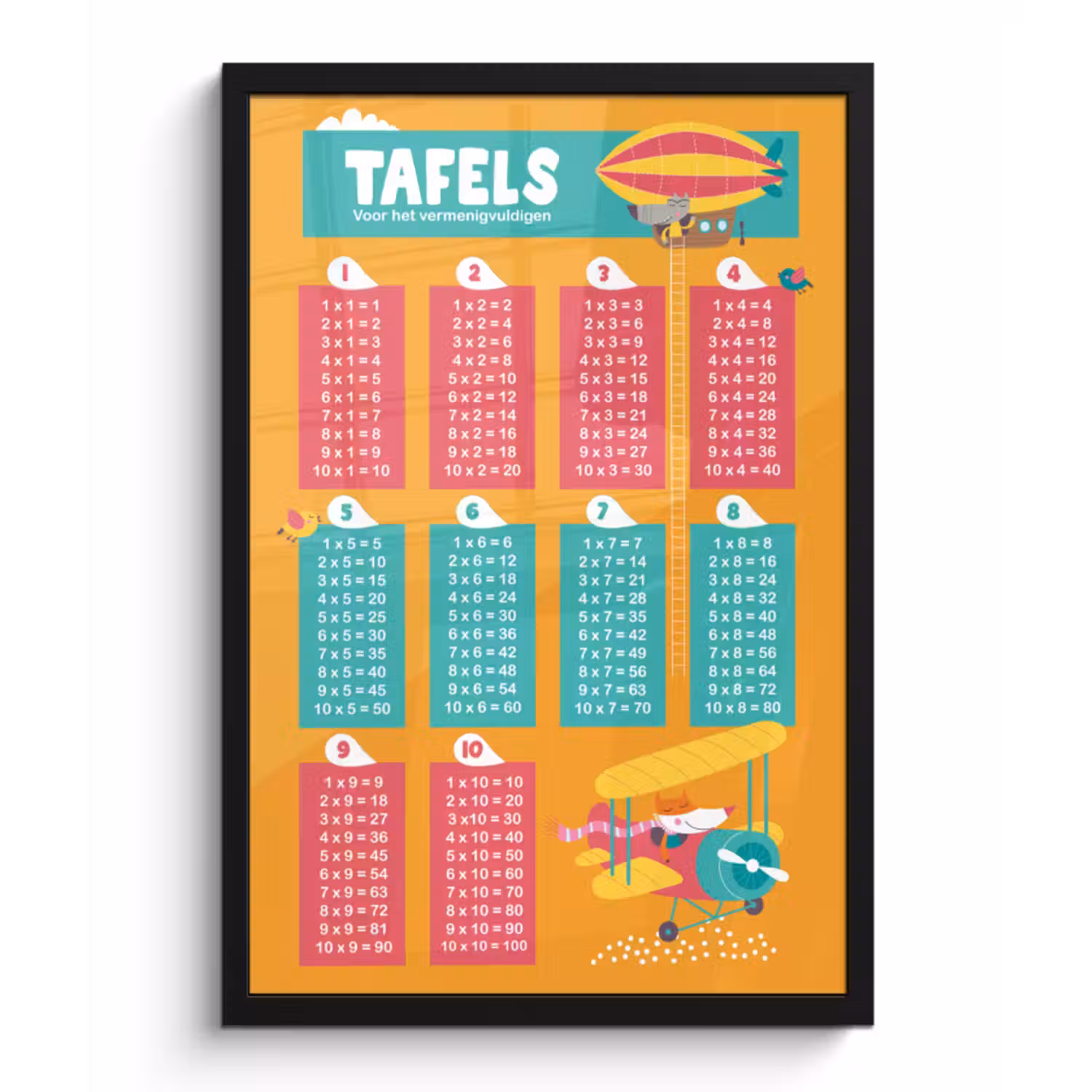 Poster met lijst - Kinderkamer - Rekenen - Tafels - Kinderen - Jongens - Meisjes - Oranje - Kids