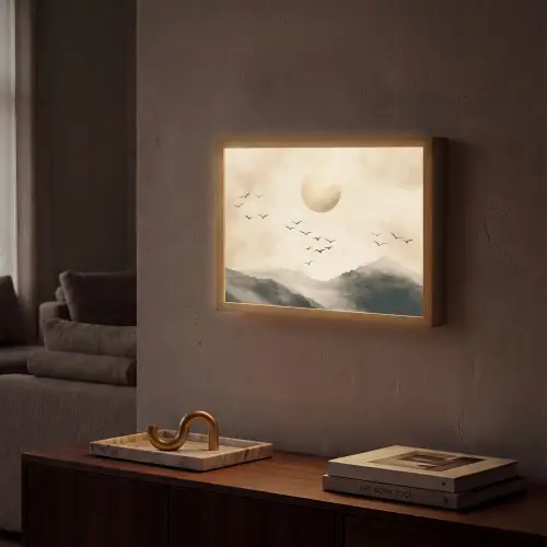 Landschap - Japandi - vogel Light Box met batterij (Wandlamp) middel -sfeer1