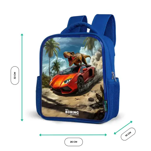 Rode sportauto met dino raast door tropisch strand Kinderrugzak - Blauw middel -productfoto_formaten
