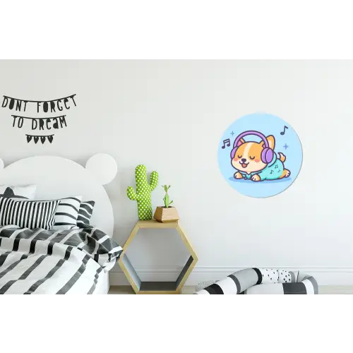 Corgi - Koptelefoon - Blauw - Muzieknoten Wandcirkel aluminium klein -kinderkamer