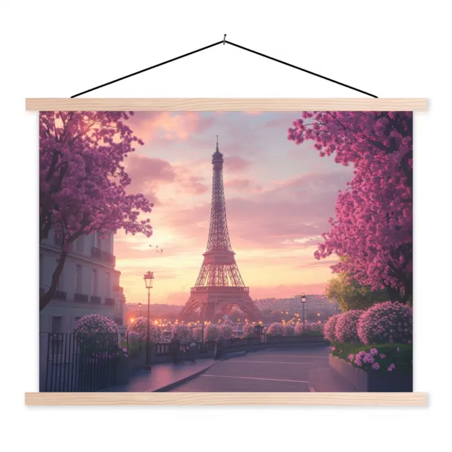 Eiffeltoren - Parijs - Roze textielposter latten blank klein -3d