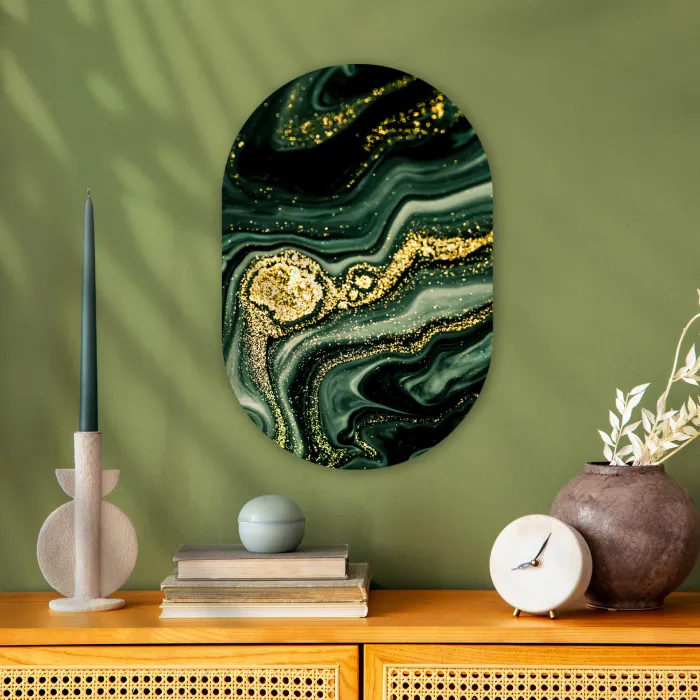 Marmer - Goud - Glitter - Groen - Marmerlook - Luxe Wandcirkel Ovaal Forex klein -sfeer2