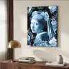 Meisje met de parel - Johannes Vermeer - Delfts blauw Textielframe zwart klein -sfeer3