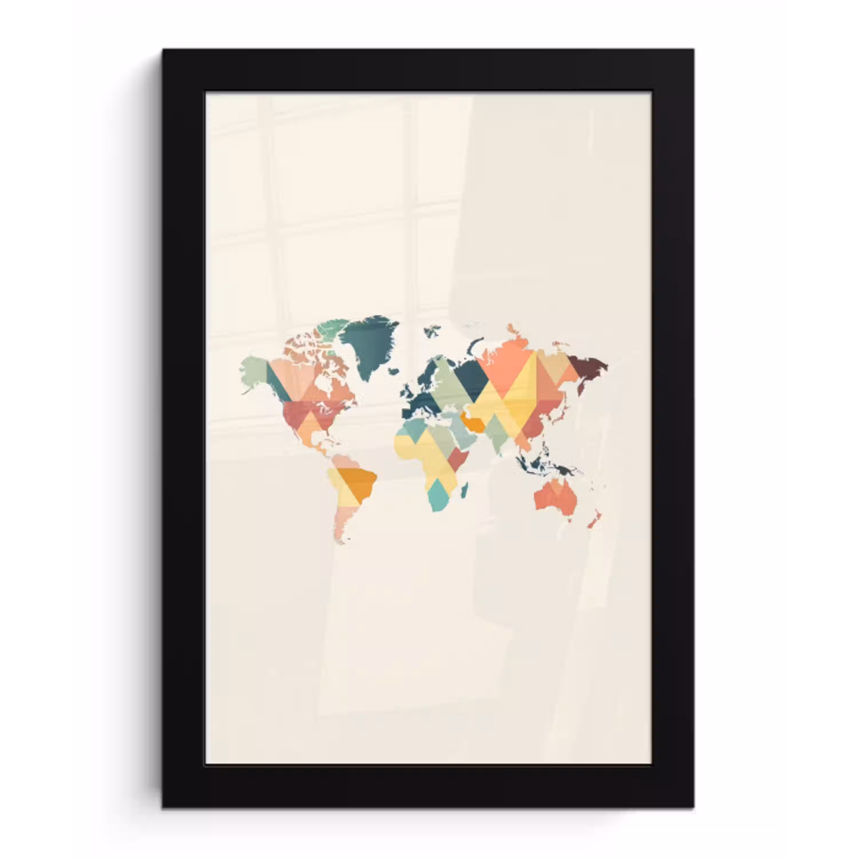 Wereldkaart - Geometrisch - Pastelkleuren - Modern fotolijst zwart zonder passe partout klein -3d