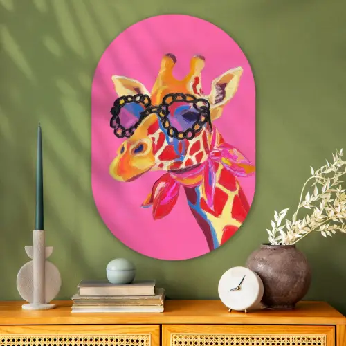 Giraf - Roze - Bril - Sjaal Wandcirkel Ovaal Glas middel -sfeer2