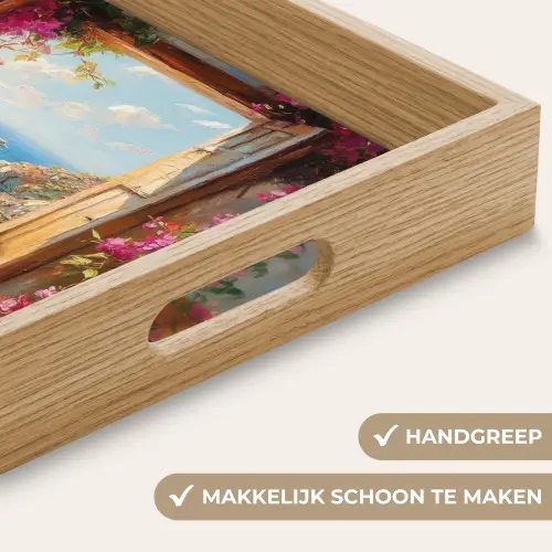 Kat - Blauwe zee - Roze bloemen Dienblad Rechthoek middel -USP_HandgreepNL