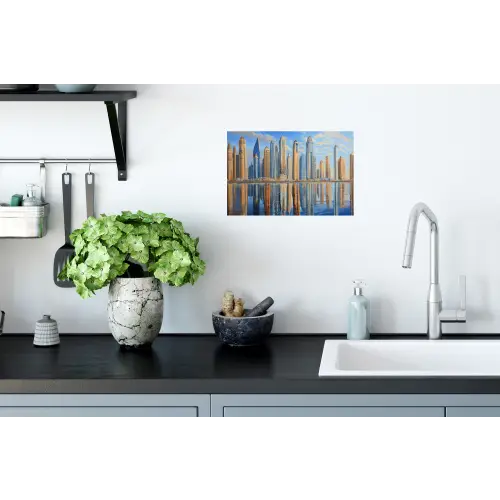 Skyline - Wolkenkrabbers - Water - Blauw Muursticker klein -keuken