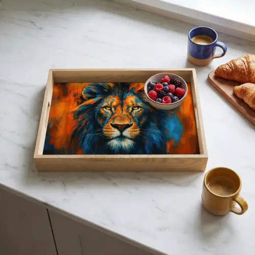 Schilderij - Leeuwenkop - Oranje Dienblad Rechthoek middel -sfeer2