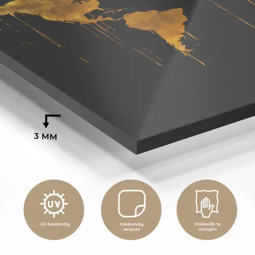 Wereldkaart - Goud - Druipen - Zwart plexiglas 5mm klein -sfeer2