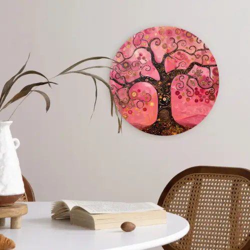 Boom - Levensboom - Roze - Goud Wandcirkel kunststof plaat 5mm dik klein -sfeer4