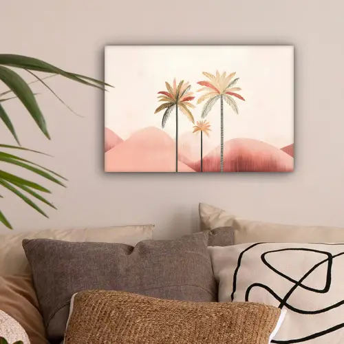 Palmbomen - Heuvels - Minimalistisch - Zachtroze canvas 2cm klein -sfeer1