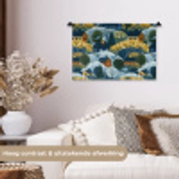 Huisjes - Bloemen - Patroon - Geel - Blauw Wandkleed katoen klein 269 -sfeer1