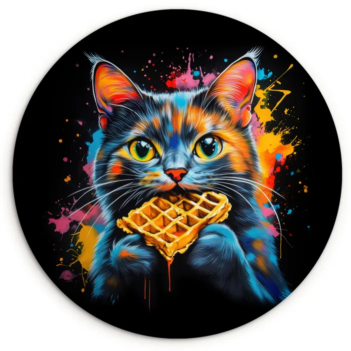 Kat - Graffiti - Kleurrijk - Wafel - Eten Wandcirkel kunststof plaat 5mm dik klein -3d