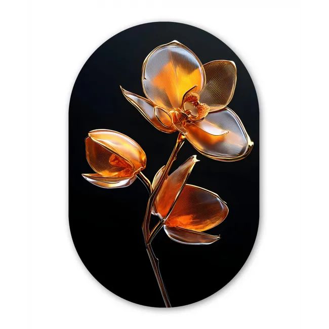 Bloem - Orchidee - Oranje Wandcirkel Ovaal Glas middel -3d