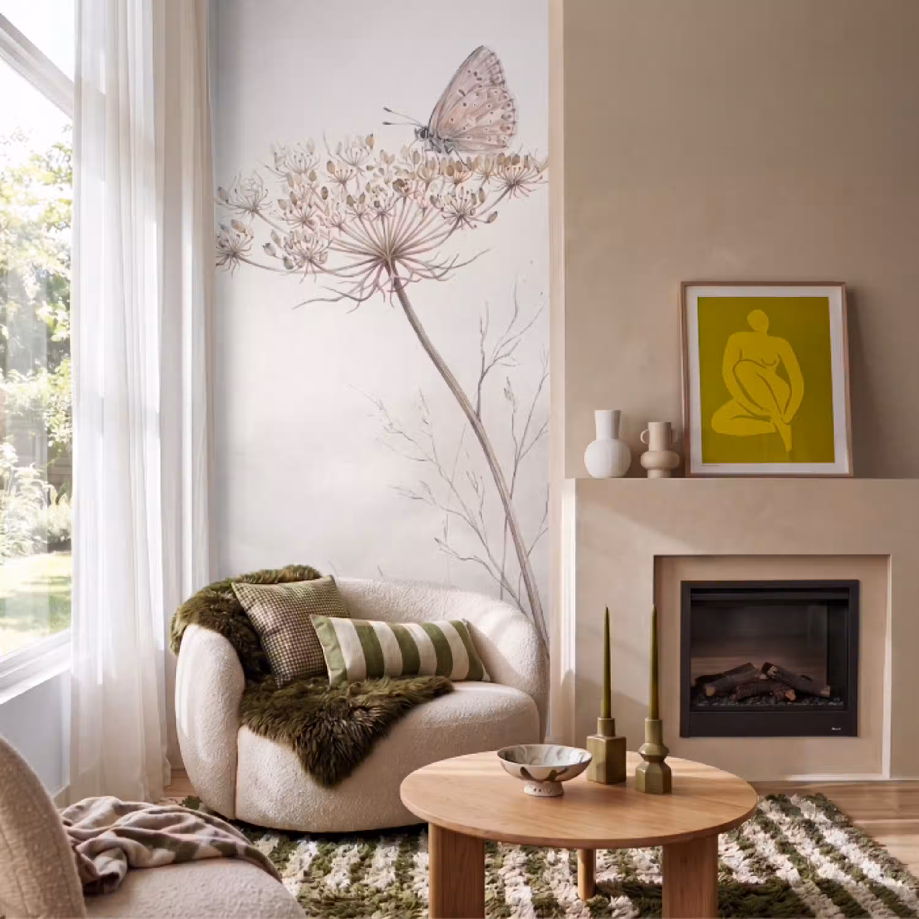 Vlinder - Bloem -Natuur - Beige Behang Vlies klein -sfeer2