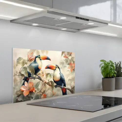 Toekan - Vogels - Bloemen - Tak keuken achterwand spatscherm klein -3d_schuin