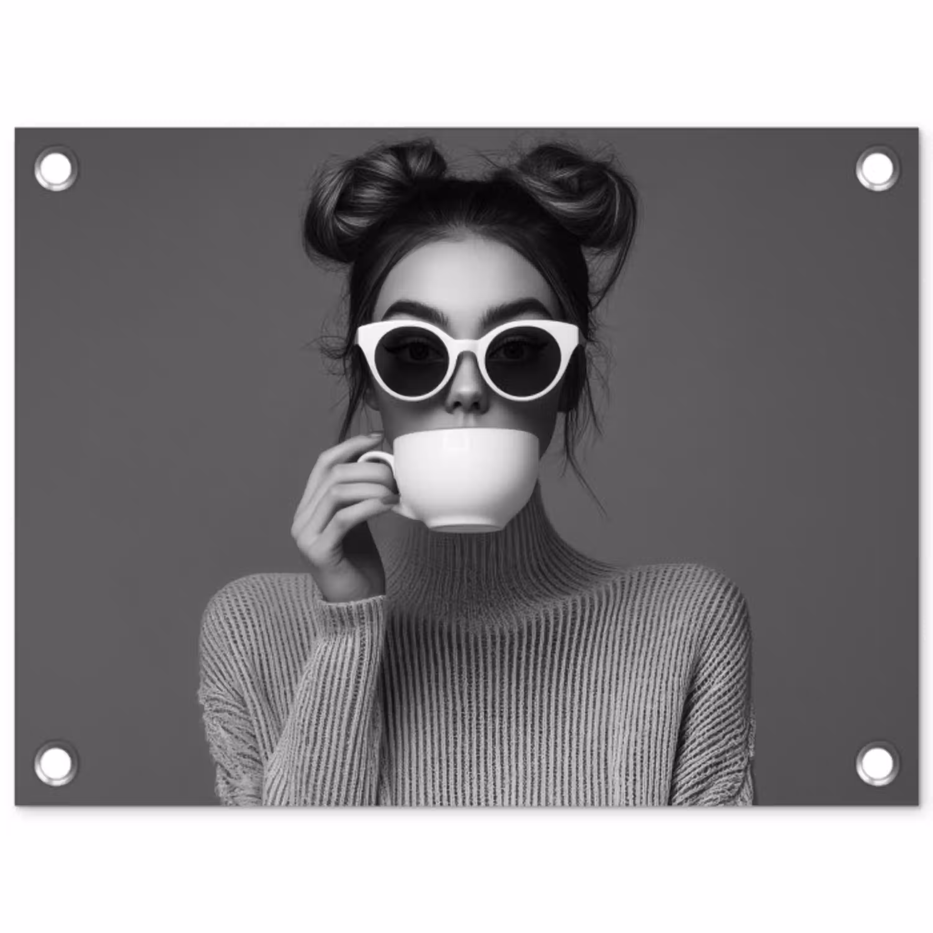 Vrouw - Koffie - Zwart - Wit tuinposter los doek klein -3d