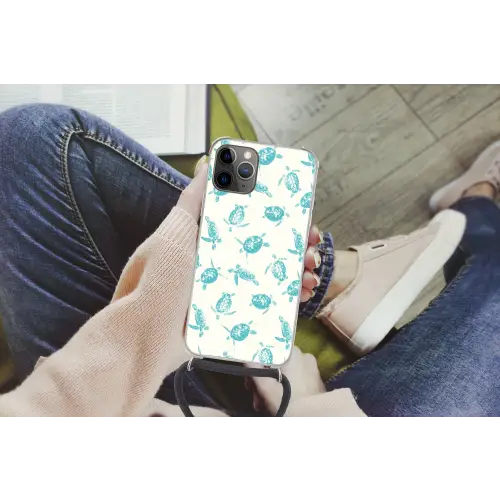 Schildpadden - Patroon - Wit - Blauw Hoesje iPhone 12 Pro met koord klein -hand
