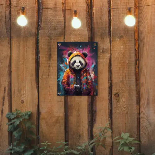 Panda met oranje jas en verfspetters tuinposter los doek klein -sfeer1