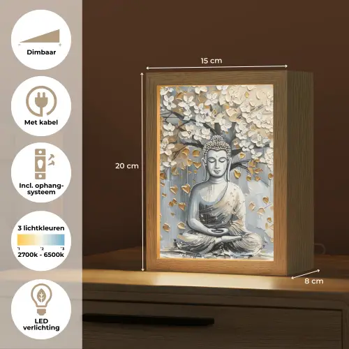 Boeddha - Bloemen - Boom - Goud - Modern Light Box met kabel (Tafellamp) klein -USP_NL