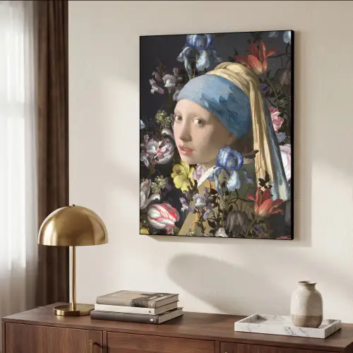 Meisje met de parel - Johannes Vermeer - Bloemen Textielframe zwart klein -sfeer3
