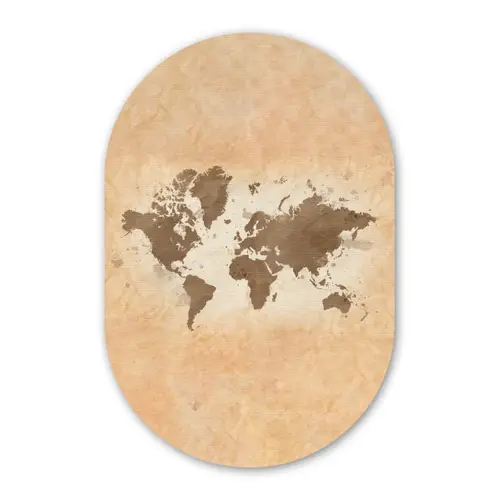 Wereldkaart - Beige - Bruin Wandcirkel Ovaal Glas middel -3d