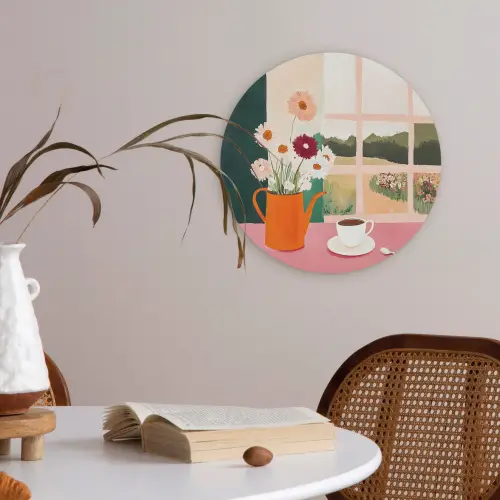Bloemen - Koffie - Raam Akoestische PET Vilt - Rond klein -sfeer3