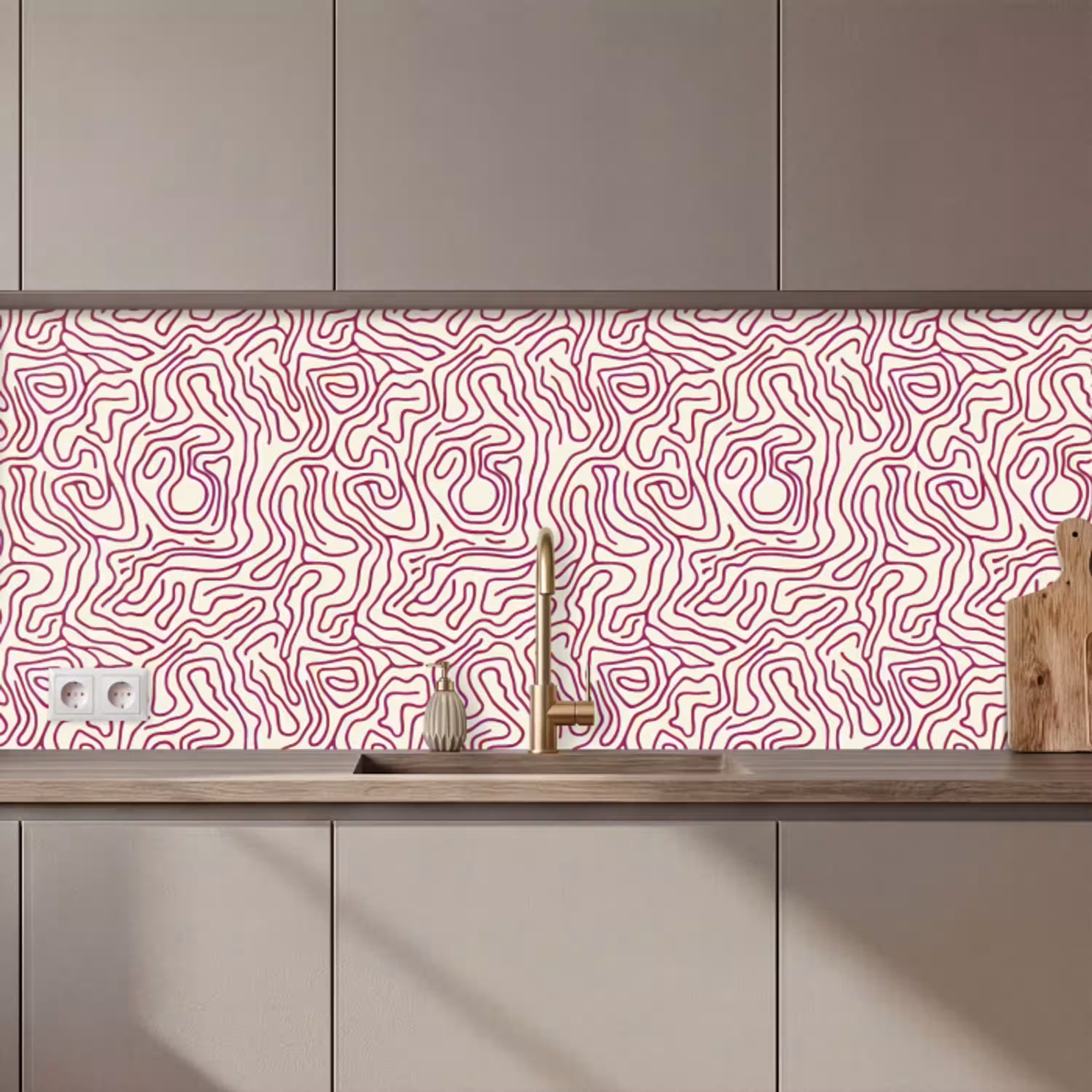 Kronkelende lijn - Magenta - Crème keuken achterwand 2 middel 871 zz_3dshopping