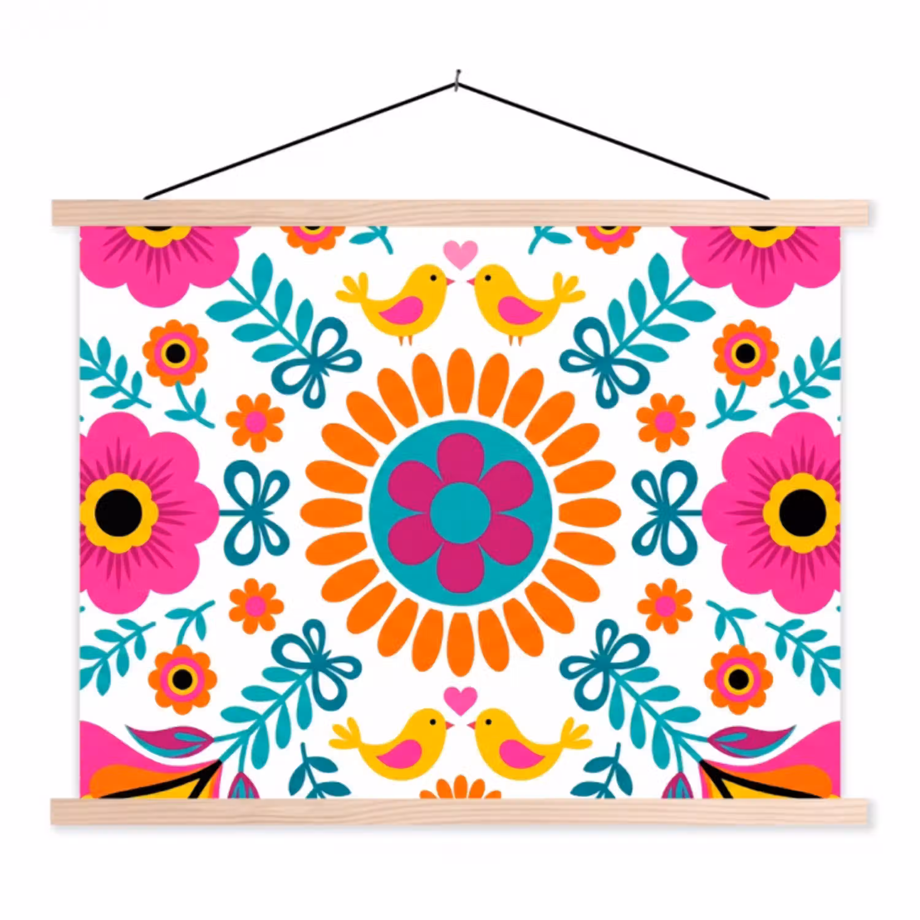 Bloemen - Vogel - Patroon - Kleurrijk - Modern textielposter latten blank klein -3d