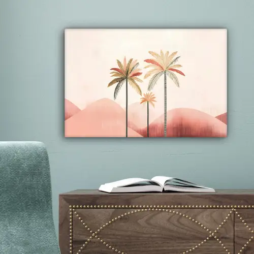 Palmbomen - Heuvels - Minimalistisch - Zachtroze canvas 2cm klein -sfeer4