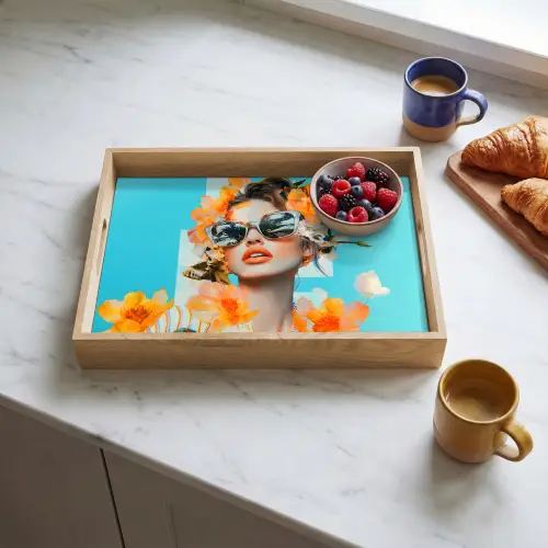 Bloemen - Vrouw - Zonnebril - Blauw Dienblad Rechthoek middel -sfeer2