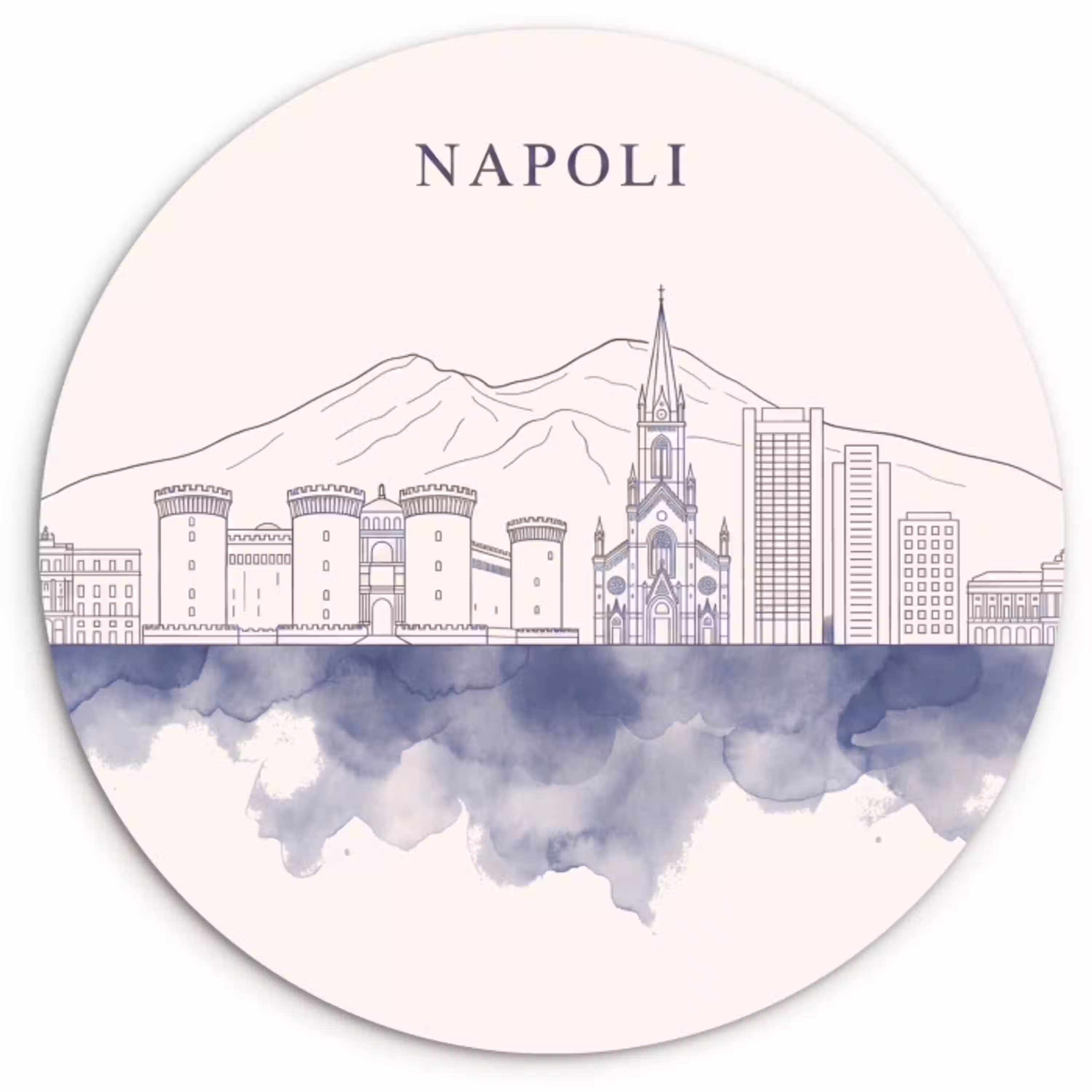 Napels - Skyline - Italie - Lijntekening - Aquarel Wandcirkel kunststof plaat 5mm dik klein -3d
