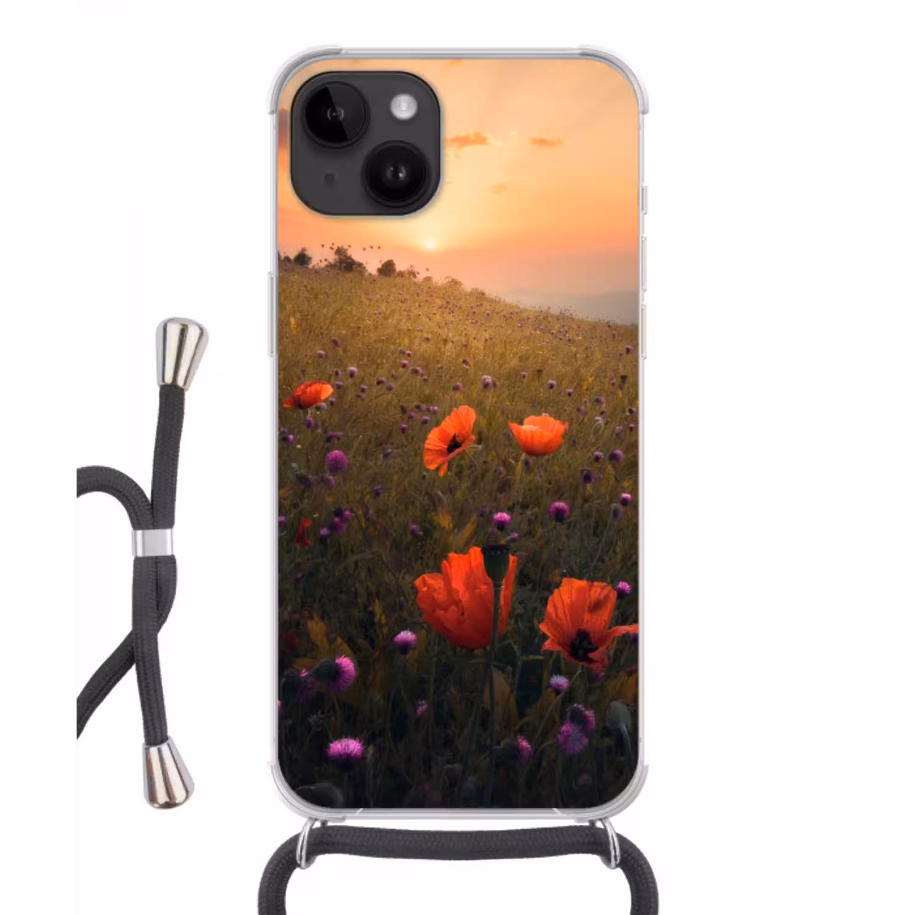 Bloemenveld - Gras - Bloemen - Planten - Zonsondergang - Oranje Crossbody Case iPhone 14 middel -3d