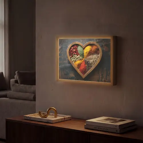 Houten - Hart - Kleurrijke - Specerijen Light Box met batterij (Wandlamp) middel -sfeer1