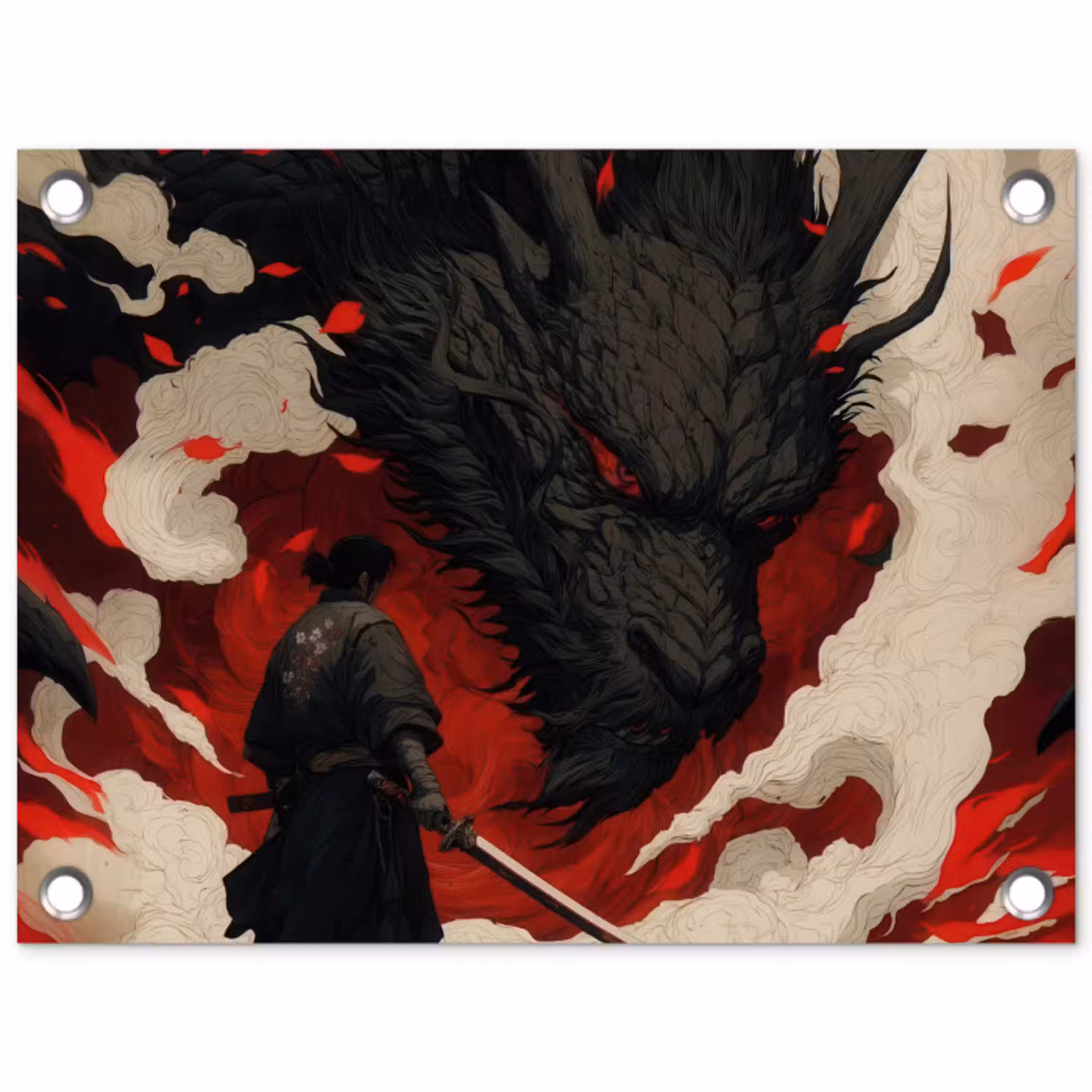 Krijger - Draak - Zwart - Rood - Rook tuinposter los doek klein -3d