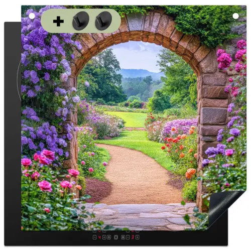 Doorkijk - Poort - Bloemen - Tuin Inductie beschemer met haakjes middel -3d