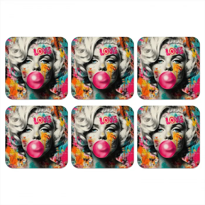 Vrouw - Kauwgom - Graffiti - Neonkleuren onderzetter kurk middel -3d