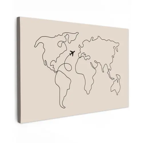 Wereldkaart - Simpel - Vliegtuig Tuinposter op houten frame 2 cm dik klein -3d