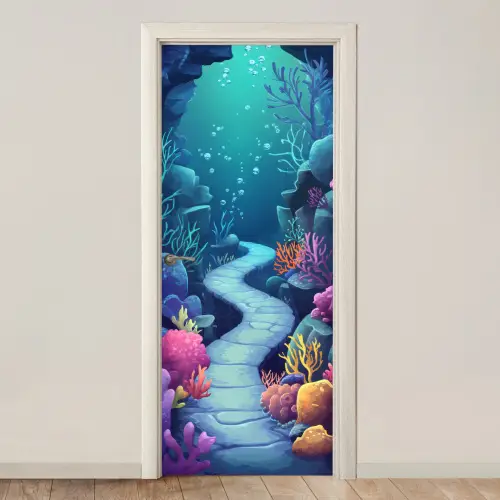 Onderwaterwereld - Grot - Zee - Blauw - Zeewier deurposter klein -3d_beige