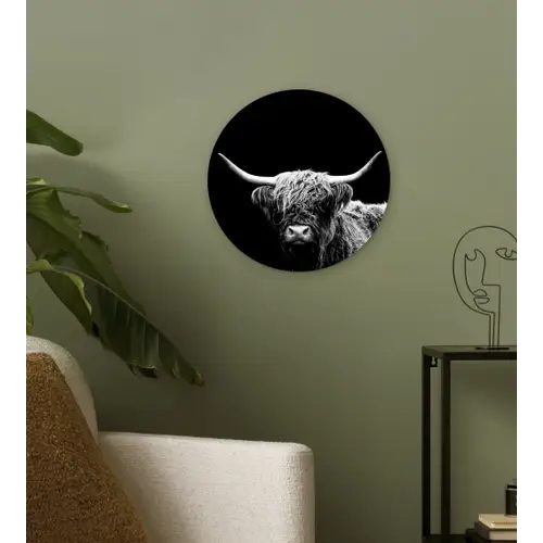 Schotse Hooglander - Koe - Zwart - Wit - Dieren Wandcirkel kunststof plaat 5mm dik klein -sfeer3
