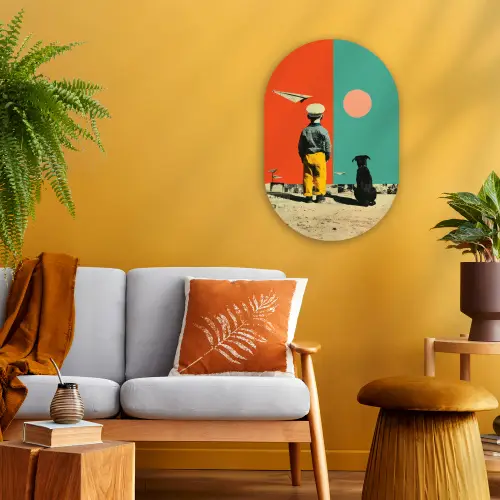 Retro - Jongen - Hond - Rood - Groen Wandcirkel Ovaal Forex klein -sfeer4