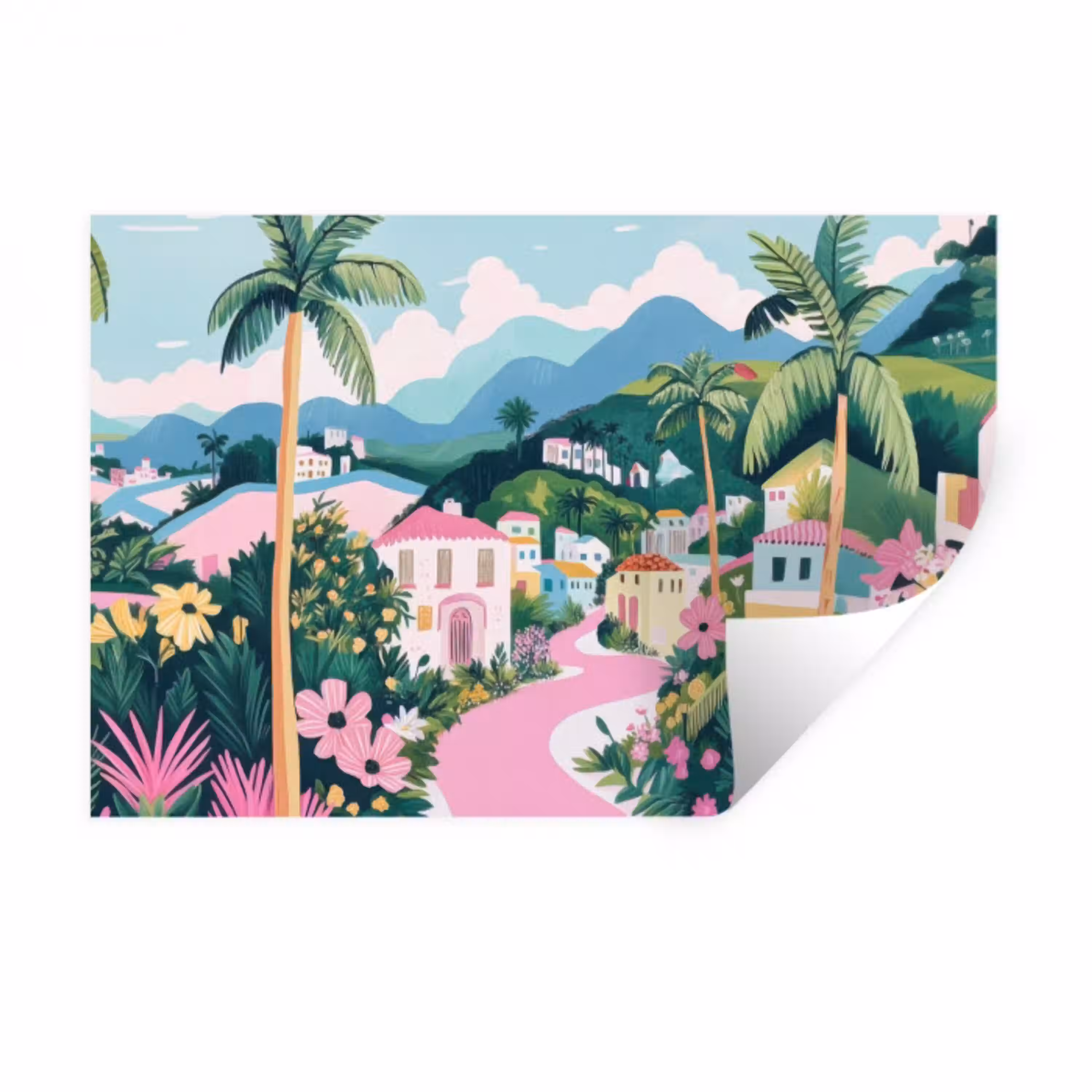Kleurrijk - Huizen - Heuvels - Roze Muursticker klein -3d