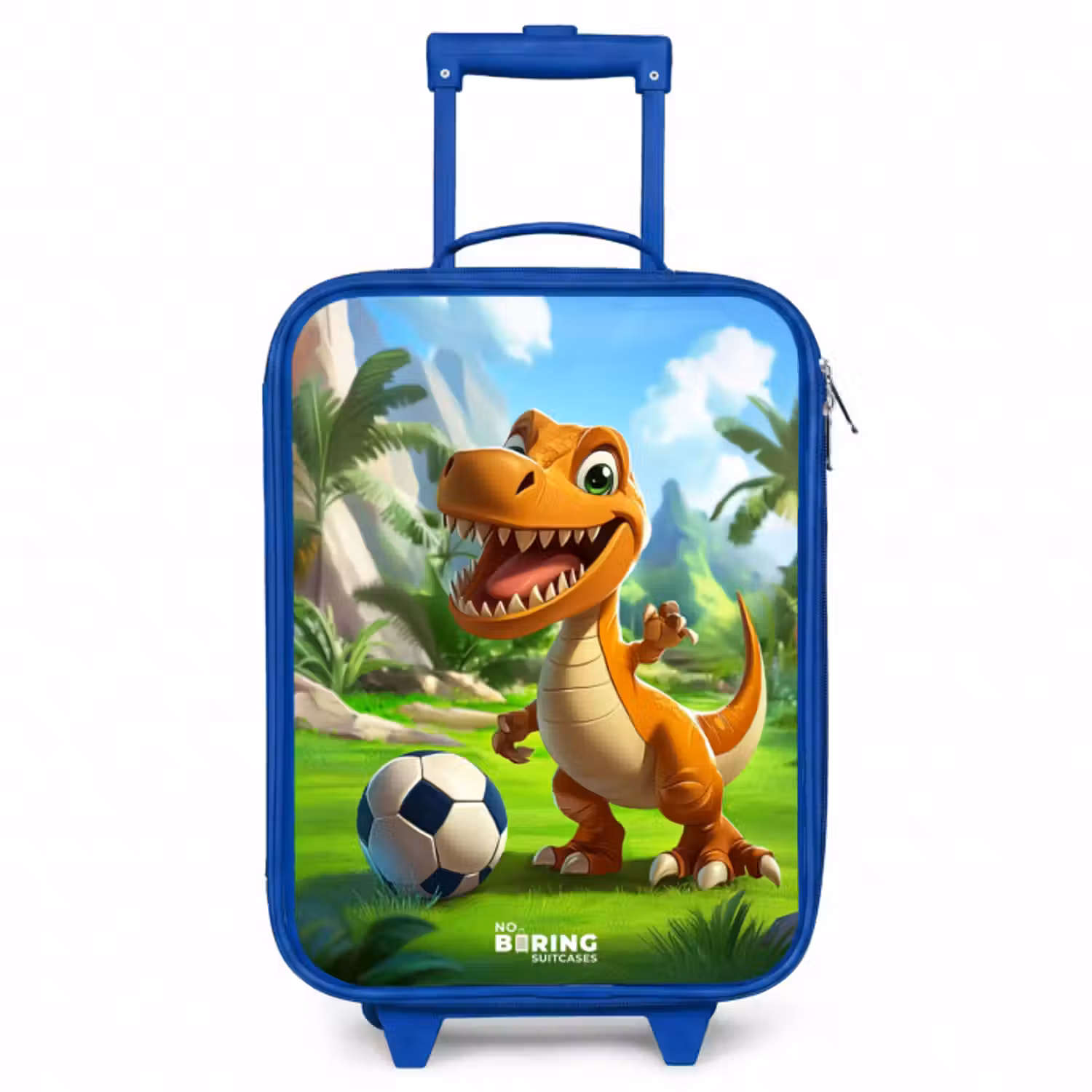 Kinderkoffer - Blauw - Dino met een voetbal in groen landschap