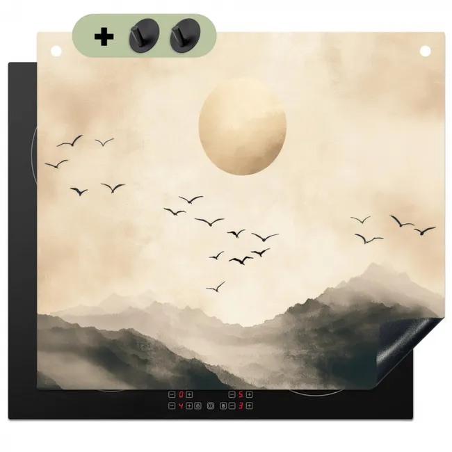 Inductiebeschermer & spatscherm (2in1) - Landschap - Japandi - vogel