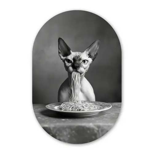 Sphynx - Kat - Dieren - Humor - Spaghetti - Zwart Wit Wandcirkel Ovaal Glas middel -3d
